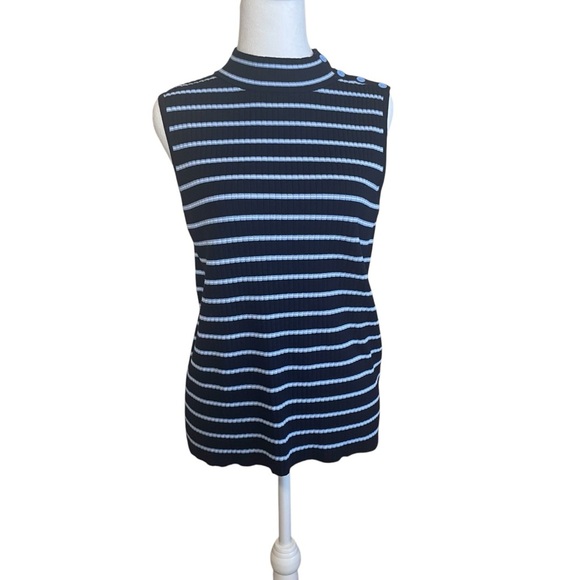 Talbots Navy Light Blue Stripe Mock Neck Sleeveless Sweater Large Office Casual - Picture 3 of 10